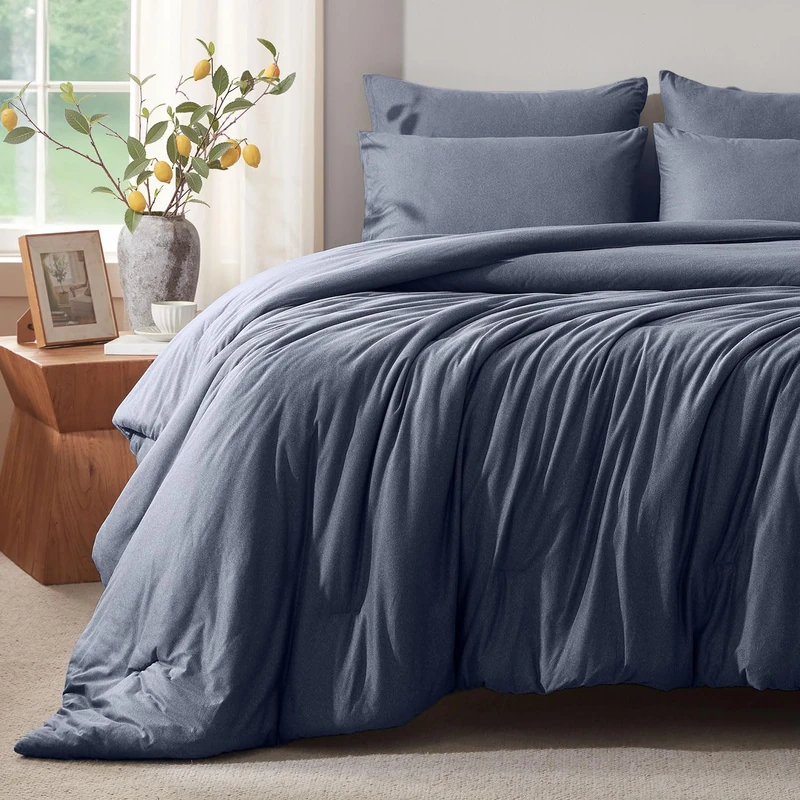 Voguease Queen Comforter Set, Comforters Queen Size Luxury Ultra-Soft Jersey Knit Bedding Sets, Blue Lightweight Down Alternative Bed Comforte Queen for All Season, 3 Piece Bedding Setrey