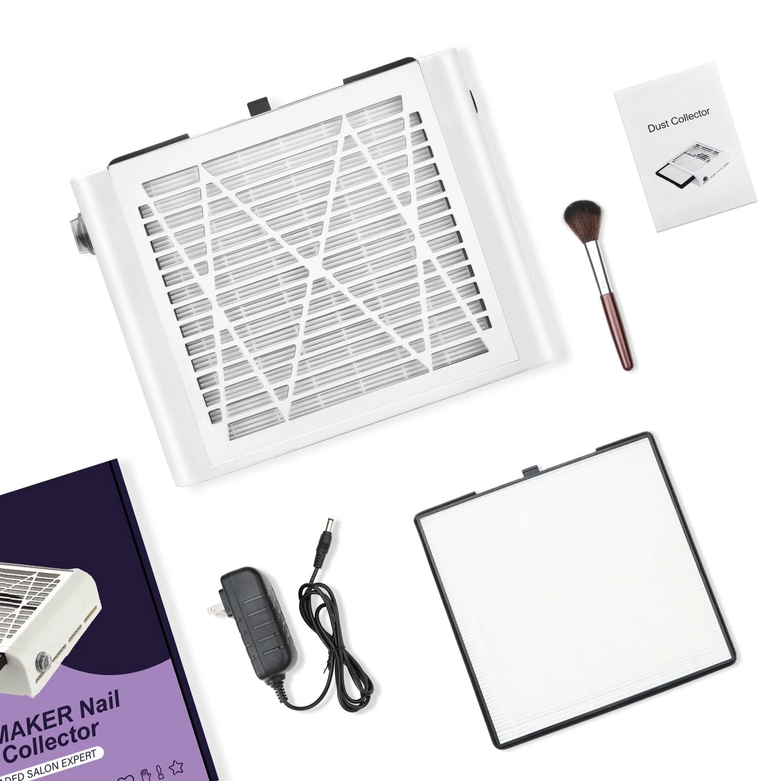 BRANTMAKER Nail Dust Collector with Brush and 2 Filter, Nail Fan Extractor for Salon and Personal Use (White)