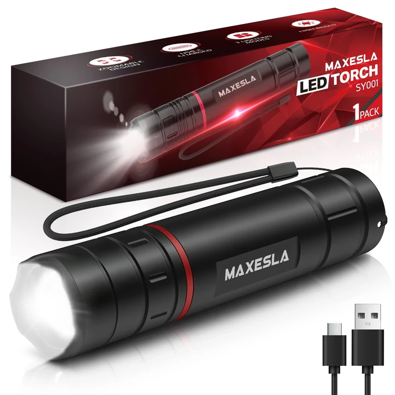 Maxesla LED Torch Rechargeable,Super Bright Flashlight with 3 Light Modes,Adjustable Focus,Pocket Size, Waterproof,Hand Torch for Camping,Hiking,and Emergency