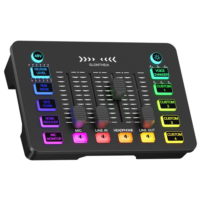 Glomtheia Gaming Sound Board Audio Interface Voice Changer for PC PS4 PS5 Streaming Mixer Soundboard Compatible with XLR Condenser/Dynamic Microphone