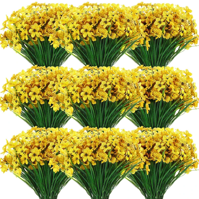 Zeyune 56 Bundles Artificial Flowers Fake UV Resistant for Outdoor Plastic Greenery Shrubs Plants No Fade Faux Flower for Garden Porch Patio Window Wedding Party Decor (Yellow,Bright)