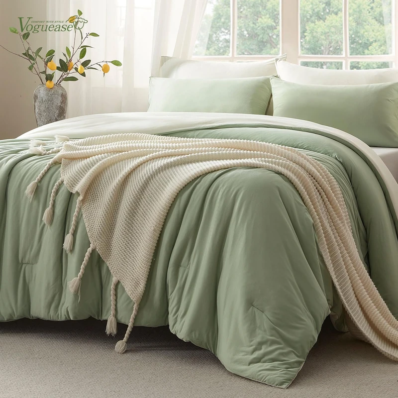 Voguease Full Size Comforter Set, Comforters Full Size Luxury and Ultra-Soft Jersey Knit Bedding Set, Sage Green/Beige Lightweight Down Alternative Bed Comforter for All Season, 3 Piece Bedding Set