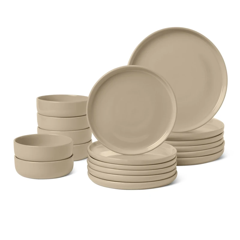 Amazon Basics Glazed Stoneware Dinnerware, 18-Piece Set, 6 Full Place Settings, Dishwasher-Safe, Linen Gray