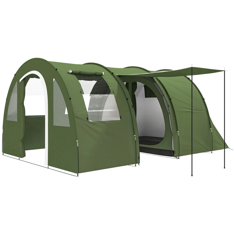 Outsunny 5-6 Man Tunnel Tent, Two Room Camping Tent with Floor, 2 Doors and Carry Bag, 2000mm Water Column for Fishing, Hiking, Sports, Festival, Green