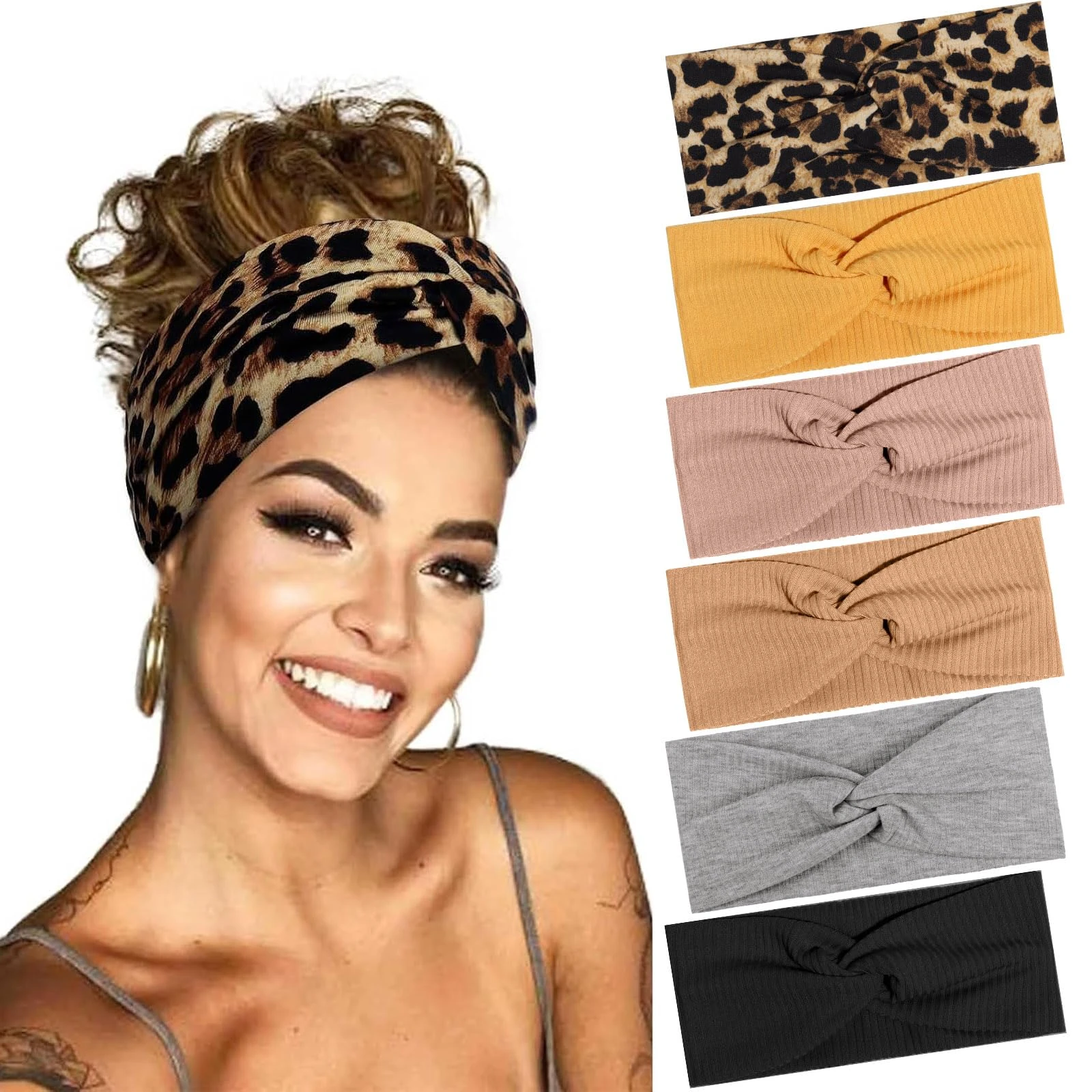 BELEVO Hair Bands for Women, 6 Pcs Elastic Head Bands Boho Wide Soft Ladies Headband, Yoga Sports Hair Accessories for Women (Leopard Print, Solid Color)
