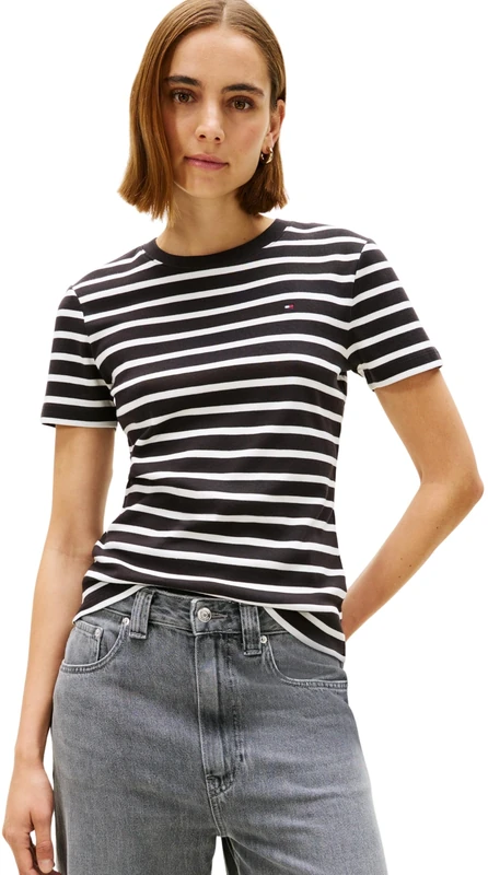 Tommy Hilfiger Women's Slim Cody C-NK SS WW0WW40587 S/S T-Shirt, Black (Black/Ecru STP), XL