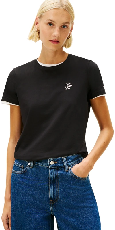 Tommy Hilfiger Women's TH Script REG C-NK SS TEE WW0WW47809 S/S T-Shirt, Black (Black), M