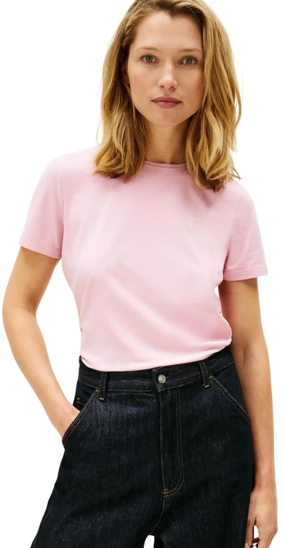 Tommy Hilfiger Women's TH Script REG C-NK SS TEE WW0WW47809 S/S T-Shirt, Pink (Bonita Pink), XS