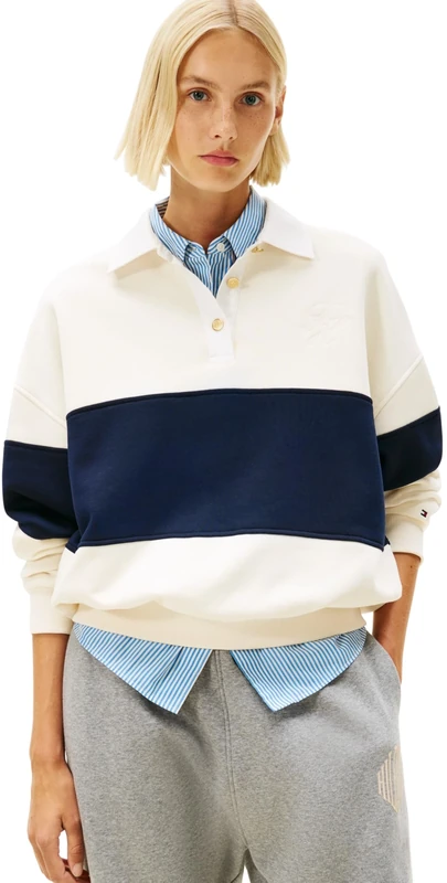 Tommy Hilfiger Women's GOLD BTN RUGBY FLEECE SWTSRT WW0WW48785 Pullover Sweatshirt, BEIGE (Calico), XL