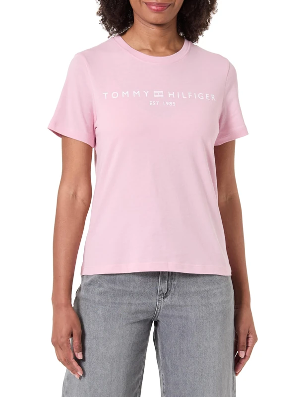 Tommy Hilfiger Women's REG Corp Logo C-NK SS WW0WW40276 Other Tops, Pink (Bonita Pink), XS