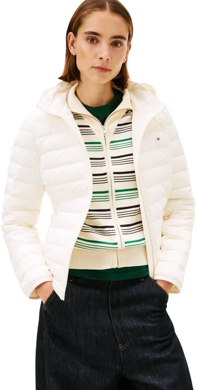 Tommy Hilfiger Women's STRETCH NYLON LW DOWN JACKET WW0WW47753 Puffer Jacket, WHITE (Ivory Silk), S