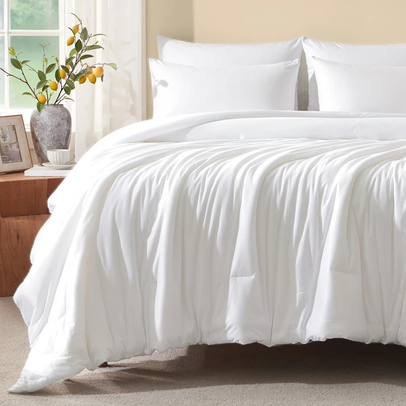 Voguease Queen Comforter Set, Comforters Queen Size Luxury Ultra-Soft Jersey Knit Bedding Sets, White Lightweight Down Alternative Bed Comforte Queen for All Season, 3 Piece Bedding Setrey