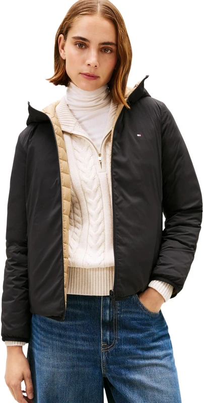 Tommy Hilfiger Women's Puffer Jacket Stretch Nylon Down Reversible, Black (Black), XXS
