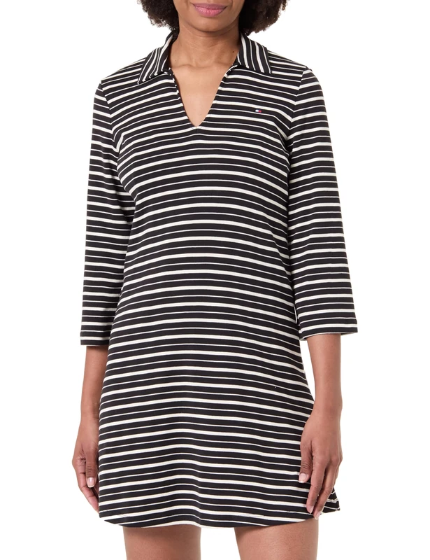 Tommy Hilfiger Women's Modern Cody 3/4 SLV Polo DRS WW0WW47868 Polo Dress, Black (Black/Calico Multi STP), L