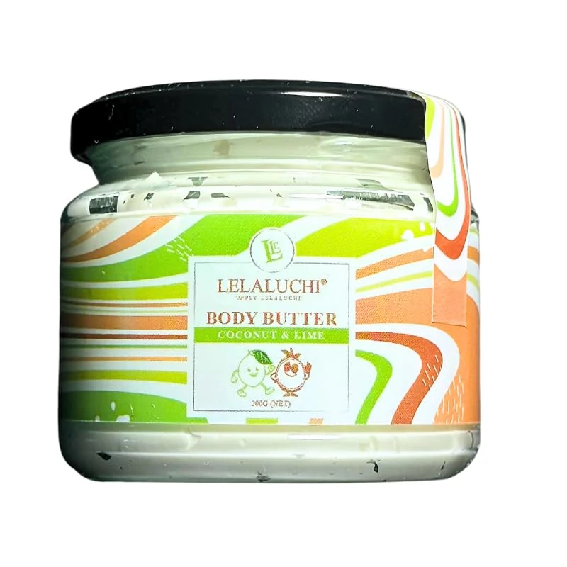 Lelaluchi Coconut & Lime Body Butter with Grapeseed Oil, Cocoa butter and Vitamin E, Provides Intense Hydration and Nourishment 200g, Handmade in England