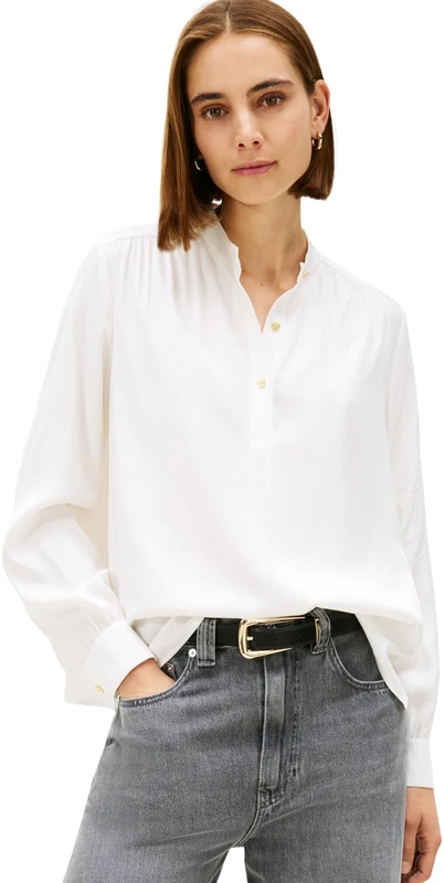 Tommy Hilfiger Women's VIS Twill V-NK Blouse WW0WW48178 L/S Blouses, White (Ecru), 44