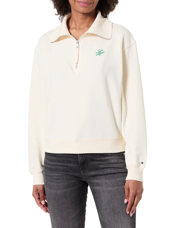 Tommy Hilfiger Women's TH SCRIPT HALF ZIP TERRY SWTSHRT WW0WW49470 Half Zip Sweatshirt, BEIGE (Calico), XL