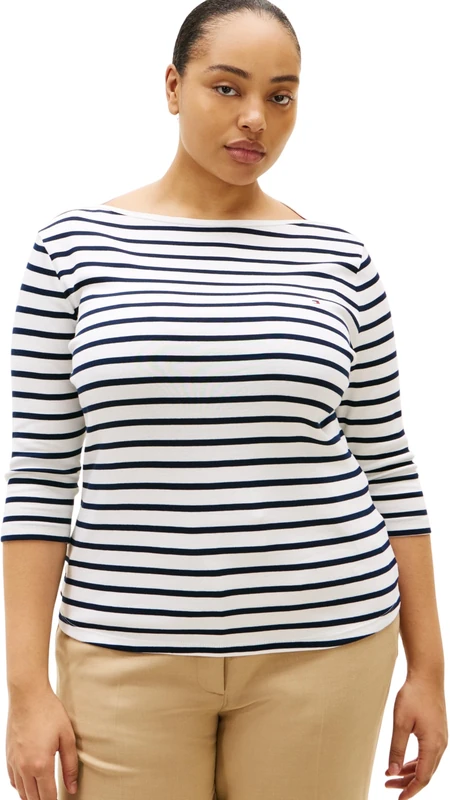 Tommy Hilfiger Women's CRV Slim Cody Boat-NK 3/4SLV WW0WW44221 Other T-Shirts, White (Breton/Ecru/Dark Night Navy), 46
