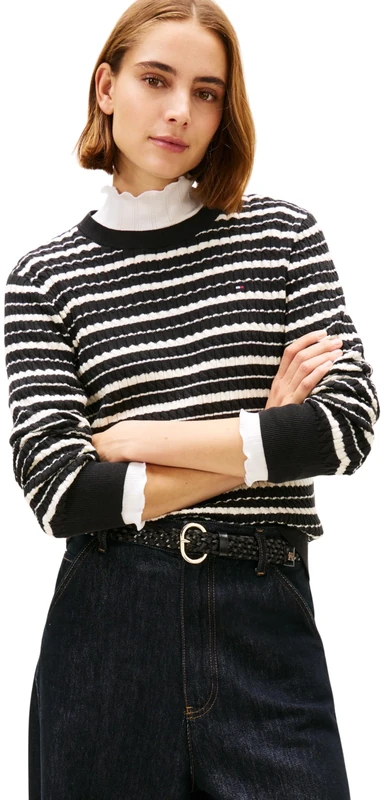 Tommy Hilfiger Women's CO Cable FINE GG C-NK LS Sweater WW0WW44993 Pullover Sweater, Black (Black/Calico Multi STP), S