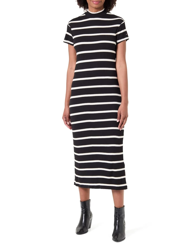 Tommy Hilfiger Women's Slim 5X2 Rib Mock-NK SS DRS WW0WW47860 Bodycon Dress, Black (Black/Calico STP), M