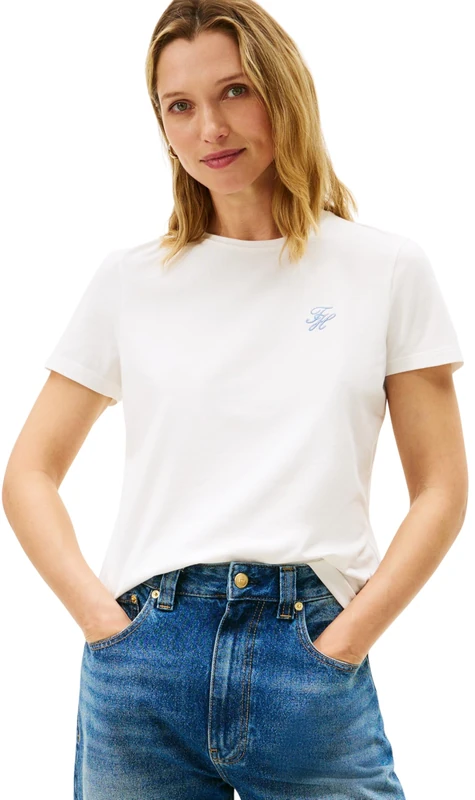 Tommy Hilfiger Women's TH Script REG C-NK SS TEE WW0WW47809 S/S T-Shirt, White (Ecru), S