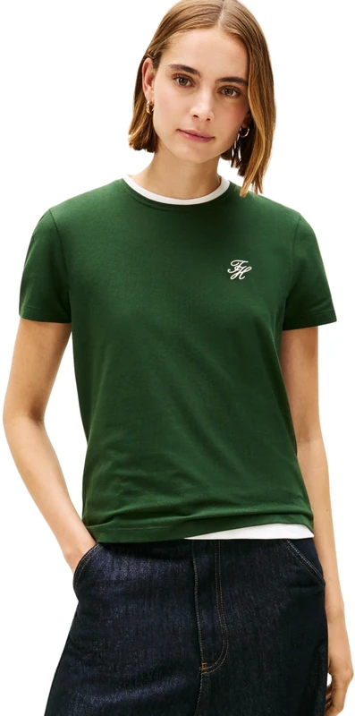 Tommy Hilfiger Women's TH Script REG C-NK SS TEE WW0WW47809 S/S T-Shirt, Green (National Forest), M - Image 1
