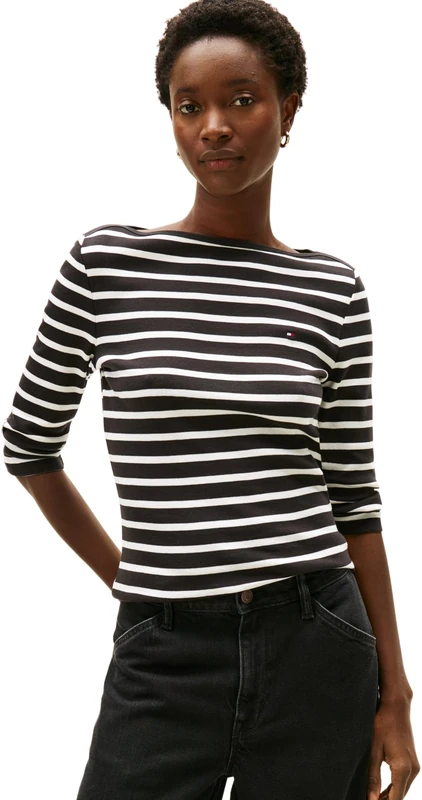 Tommy Hilfiger Women’s Long Sleeve Slim Fit New Cody Top with Boat Neck, Blue (Black/Ecru STP), XXS