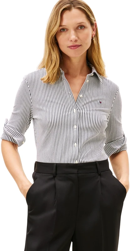 Tommy Hilfiger Women's 1985 Slim Pique BTN Down LS WW0WW43528 L/S Shirt, White (Ecru/Dark Night Navy Ithaca), 3XL
