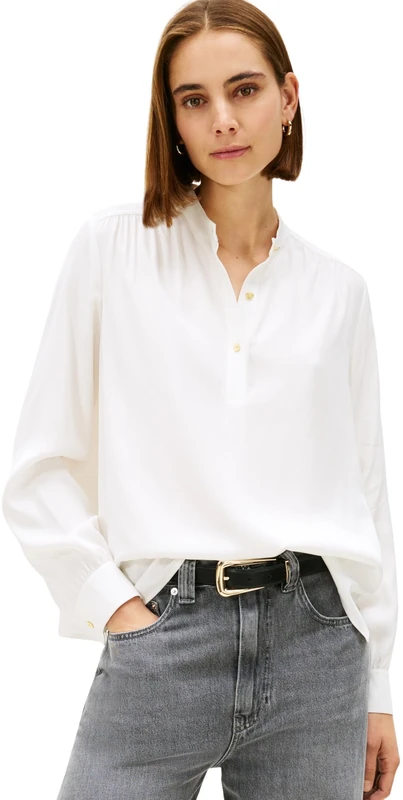 Tommy Hilfiger Women's VIS Twill V-NK Blouse WW0WW48178 L/S Blouses, White (Ecru), 32
