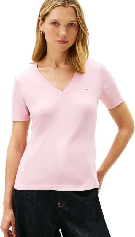 Tommy Hilfiger Women's Slim Cody V-NK SS WW0WW40584 S/S T-Shirt, Pink (Bonita Pink), XXS