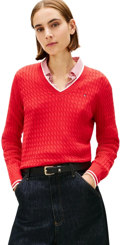 Tommy Hilfiger Women's CO Cable FINE GG V-NK LS SWT WW0WW44987 Pullover Sweater, RED (Primary Red/Calico Tipping), XL
