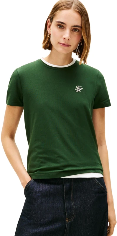 Tommy Hilfiger Women's TH Script REG C-NK SS TEE WW0WW47809 S/S T-Shirt, Green (National Forest), XL