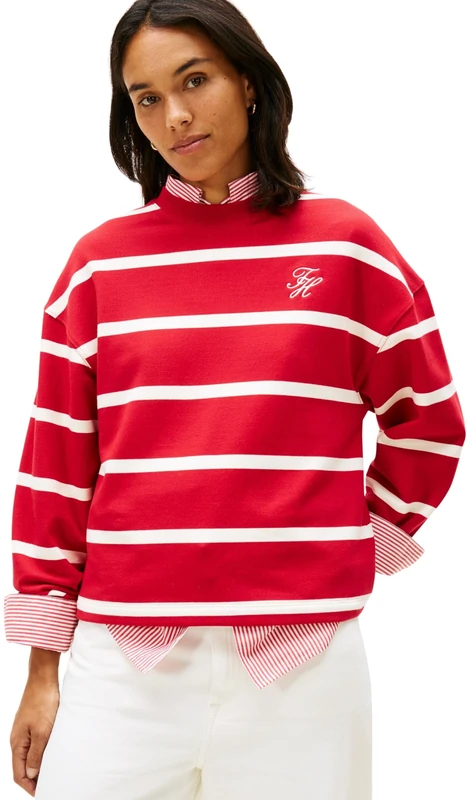 Tommy Hilfiger Women's TH SCRIPT MDRN TERRY SWTSHRT WW0WW48431 Pullover Sweatshirt, RED (Primary Red/Calico Stp), L