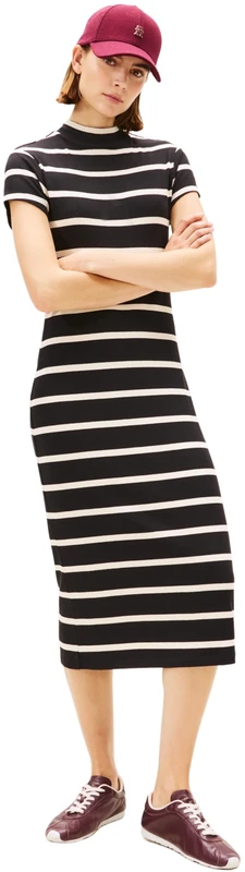 Tommy Hilfiger Women's Slim 5X2 Rib Mock-NK SS DRS WW0WW47860 Bodycon Dress, Black (Black/Calico STP), XXL - Image 1
