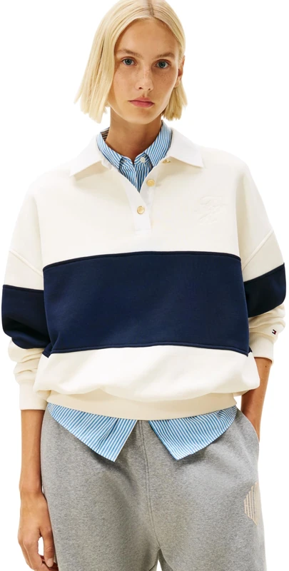 Tommy Hilfiger Women's GOLD BTN RUGBY FLEECE SWTSRT WW0WW48785 Pullover Sweatshirt, BEIGE (Calico), XXL