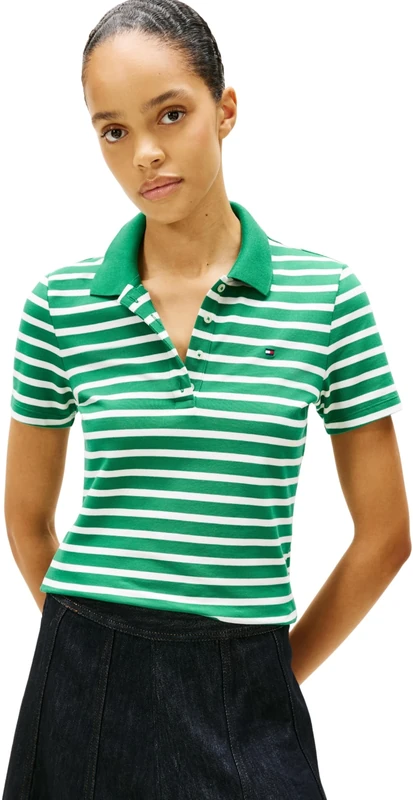 Tommy Hilfiger Women's 1985 Slim Pique Polo SS WW0WW43225 S/S Polo, Green (Nouveau Green/Ecru STP), XXS