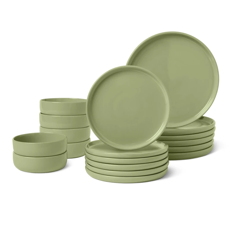 Amazon Basics Glazed Stoneware Dinnerware, 18-Piece Set, 6 Full Place Settings, Dishwasher-Safe, Olive
