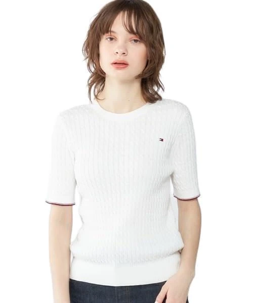 Tommy Hilfiger Women's CO Cable FINE GG C-NK S/S SWT WW0WW41787 Pullover Sweater, White (Ecru), XXL
