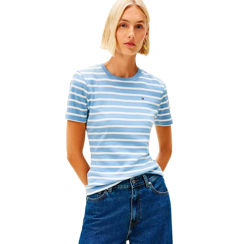 Tommy Hilfiger Women's Slim Cody C-NK SS WW0WW40587 S/S T-Shirt, Blue (Clear Water/Ecru STP), XXS