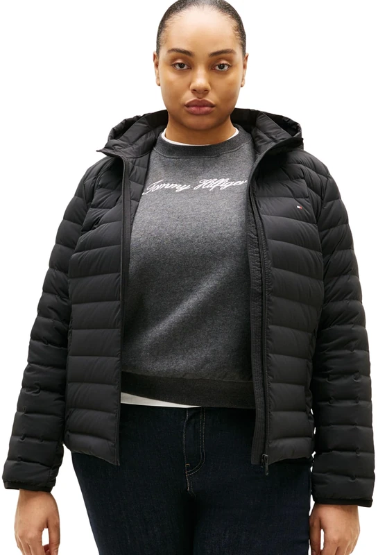 Tommy Hilfiger Women's CRV STRETCH NYLON LW DOWN JACKET WW0WW49493 Puffer Jacket, BLACK (Black), 46 - Image 1