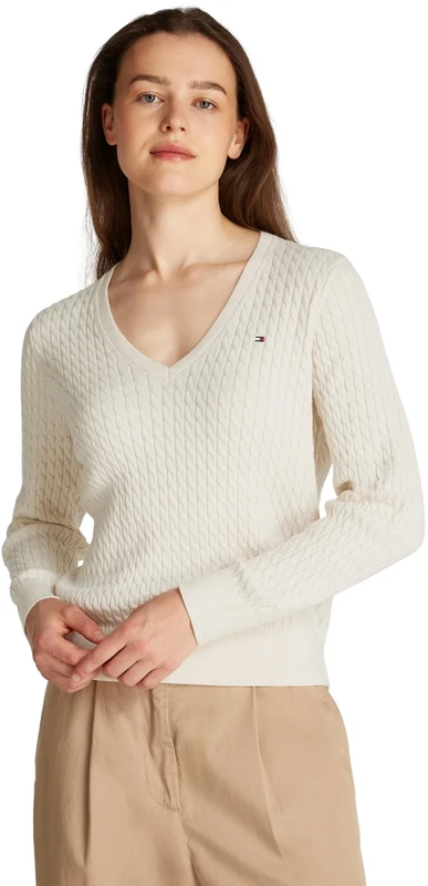 Tommy Hilfiger Women's CO Cable FINE GG V-NK LS SWT WW0WW44987 Pullover Sweater, Beige (Heather Ivory Petal), XS