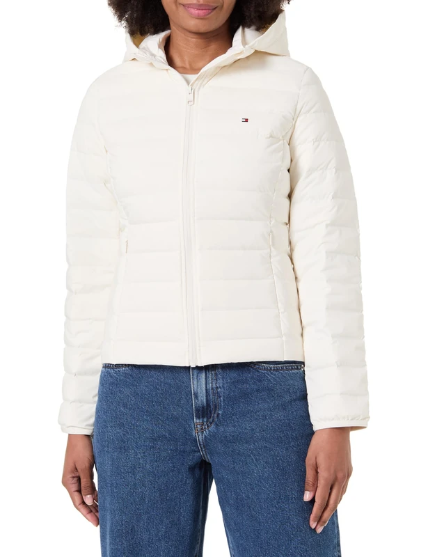 Tommy Hilfiger Women's STRETCH NYLON LW DOWN JACKET WW0WW47753 Puffer Jacket, WHITE (Ivory Silk), XXL
