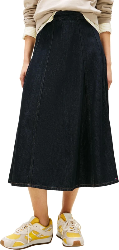 Tommy Hilfiger Women's DNM Pure Flared MIDI Skirt HW WW0WW47730 Flare Skirt, Denim (Pure), 46