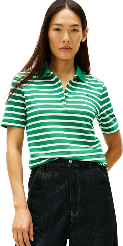 Tommy Hilfiger Women's 1985 REG Pique Polo SS WW0WW43224 S/S Polo, Green (Nouveau Green/Ecru STP), XXL