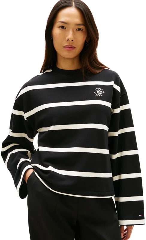 Tommy Hilfiger Women's TH SCRIPT MDRN TERRY SWTSHRT WW0WW48431 Pullover Sweatshirt, BLACK (Black/Calico Stp), XXL