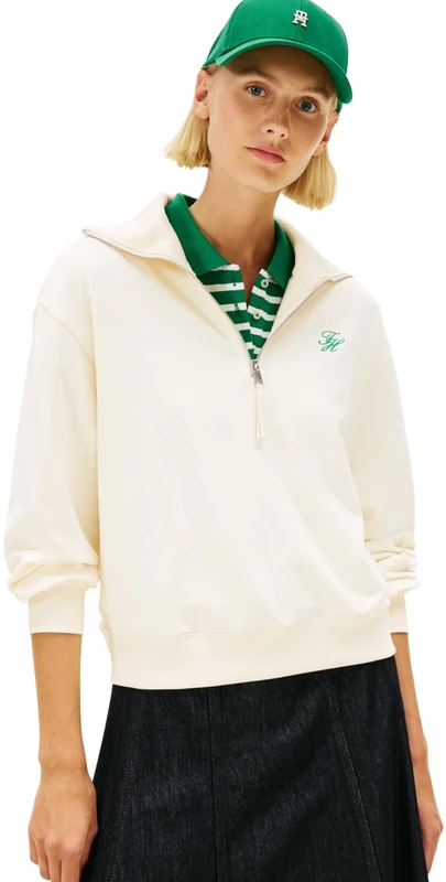 Tommy Hilfiger Women's TH SCRIPT HALF ZIP TERRY SWTSHRT WW0WW49470 Half Zip Sweatshirt, BEIGE (Calico), XXS