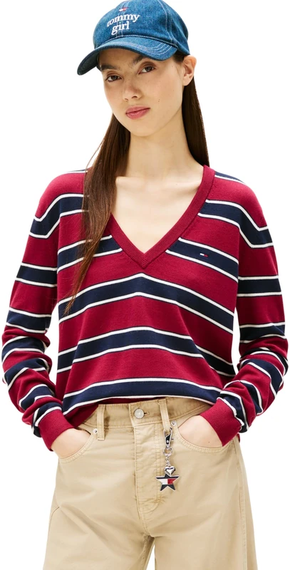 Tommy Jeans Women's Tjw Essential Vneck Sweater Ext Dw0Dw19888 Pullover, Red (Lavish Cerise/Multi Stripe), S
