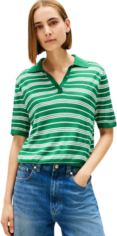 Tommy Hilfiger Women's Merino Silk S/S Polo-NK Sweater WW0WW48450 Pullover Sweater, Green (Nouv Green/Calico Multi STP), 3XL