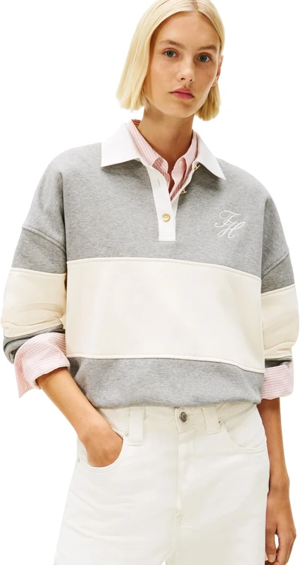 Tommy Hilfiger Women's GOLD BTN RUGBY FLEECE SWTSRT WW0WW48785 Pullover Sweatshirt, GREY (Med Heather Grey), S