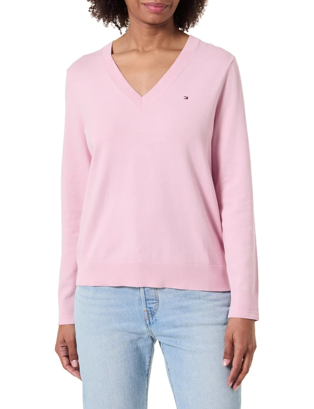 Tommy Hilfiger Women's CO Jersey FINE GG V-NK LS SWT WW0WW40098 Pullover Sweater, Pink (Bonita Pink), L